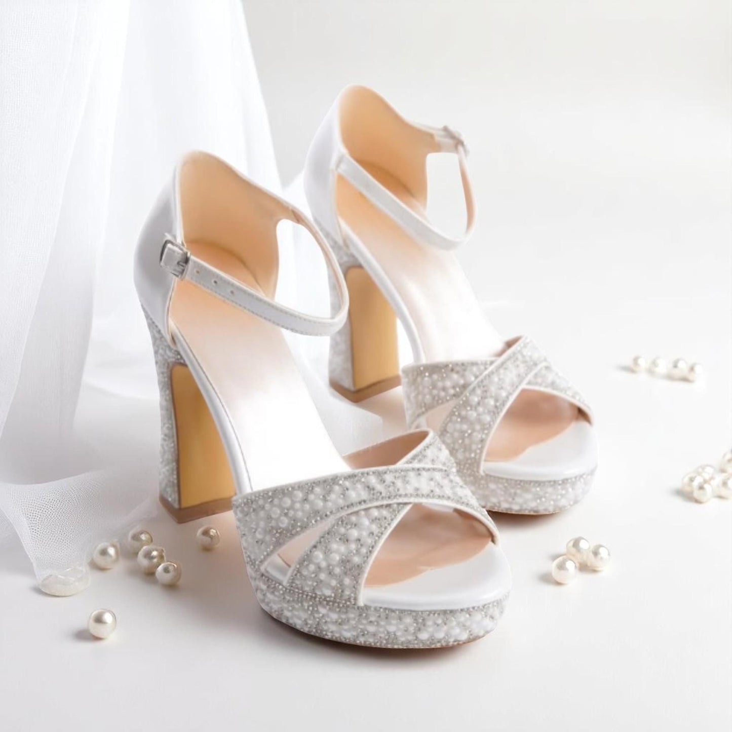Ivory Platform Bridal Heels, Sparkly Wedding Shoes, Block Heel Ankle Strap