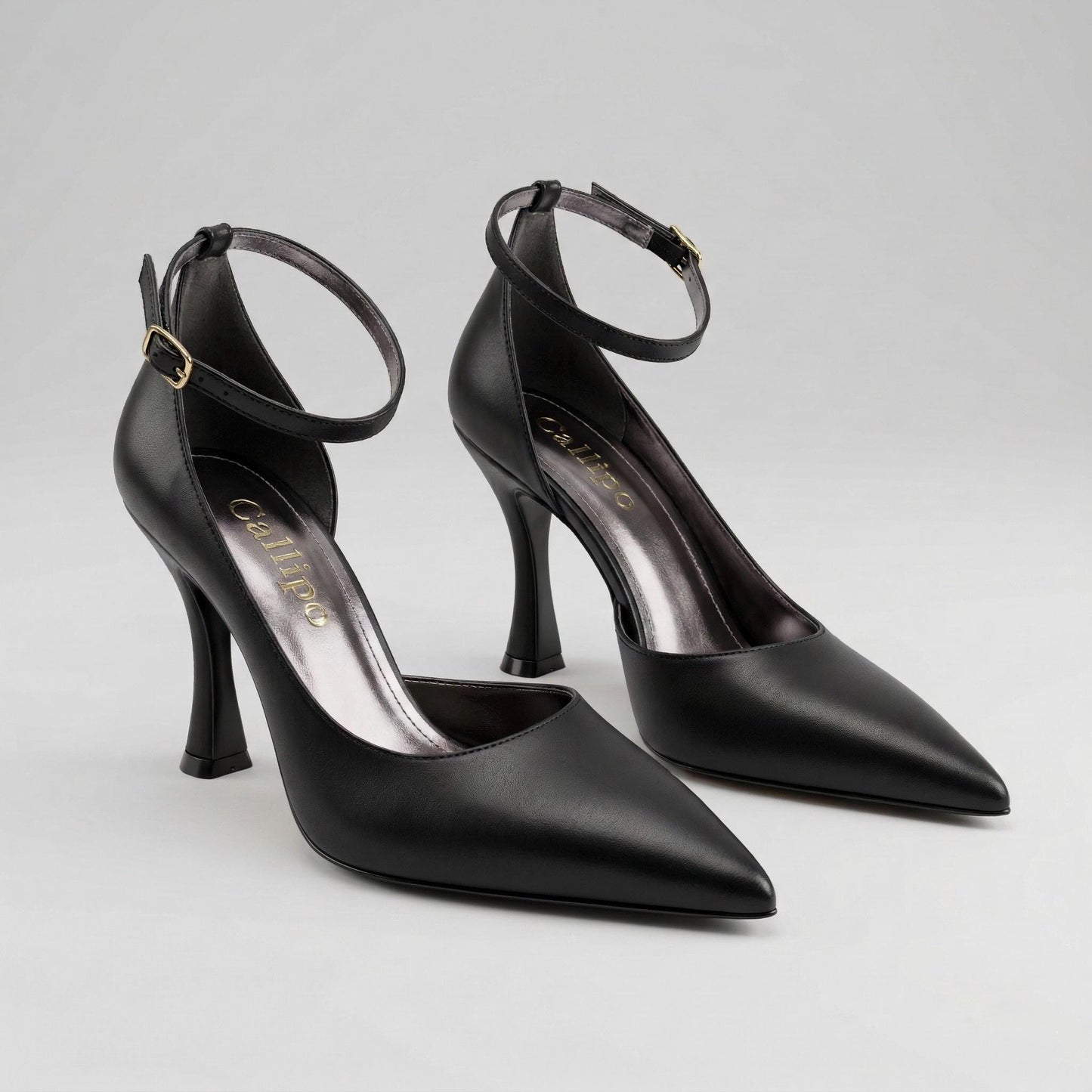 Black Matte Leather Stiletto Heels, Pointed Toe Ankle Strap Pumps Elegant Wedding Evening Shoes