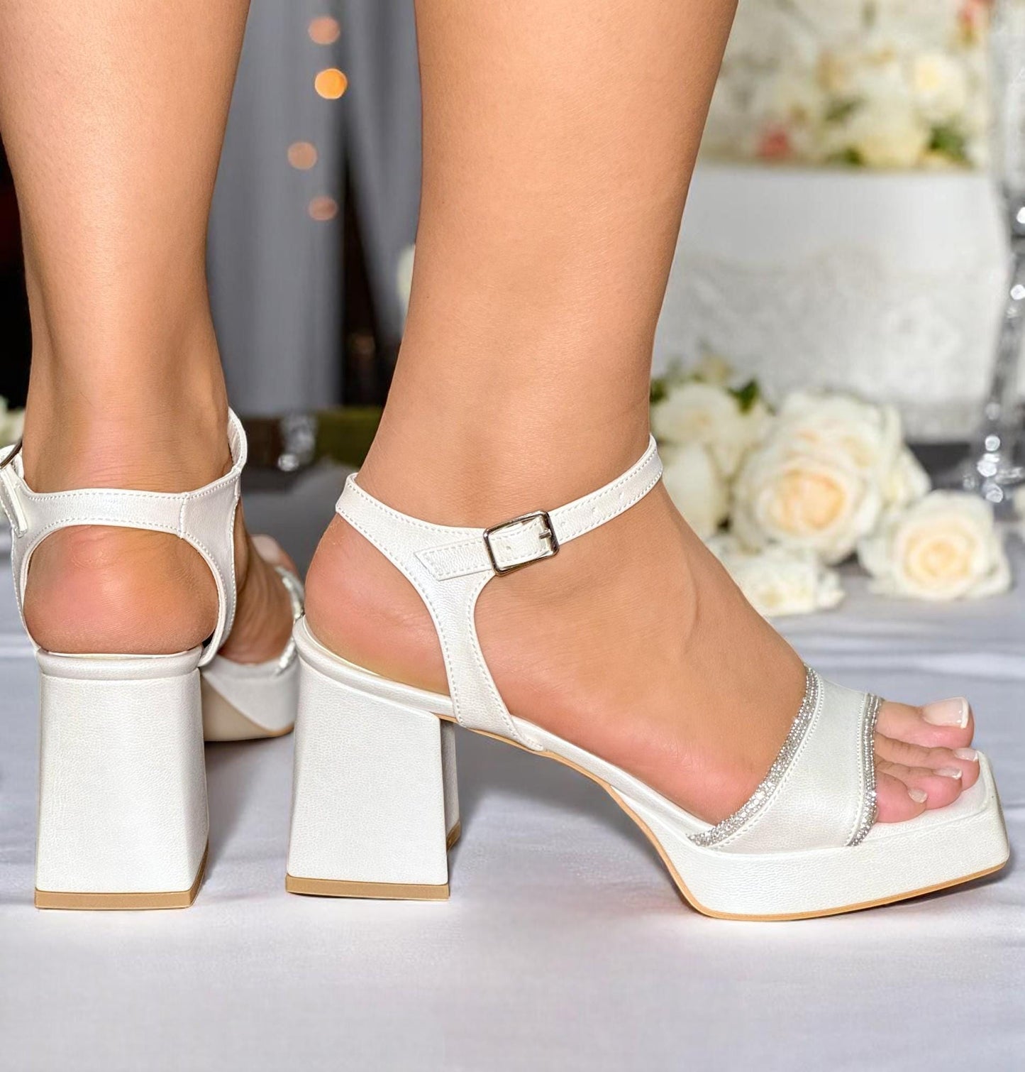 Pearl Low Block Heel Bridal Shoes, Stone Embellished Wedding Shoes