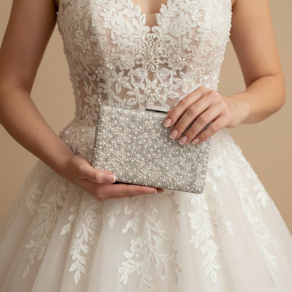 Pearl Crystal Bridal Clutch, Beaded Metal Box Wedding Purse