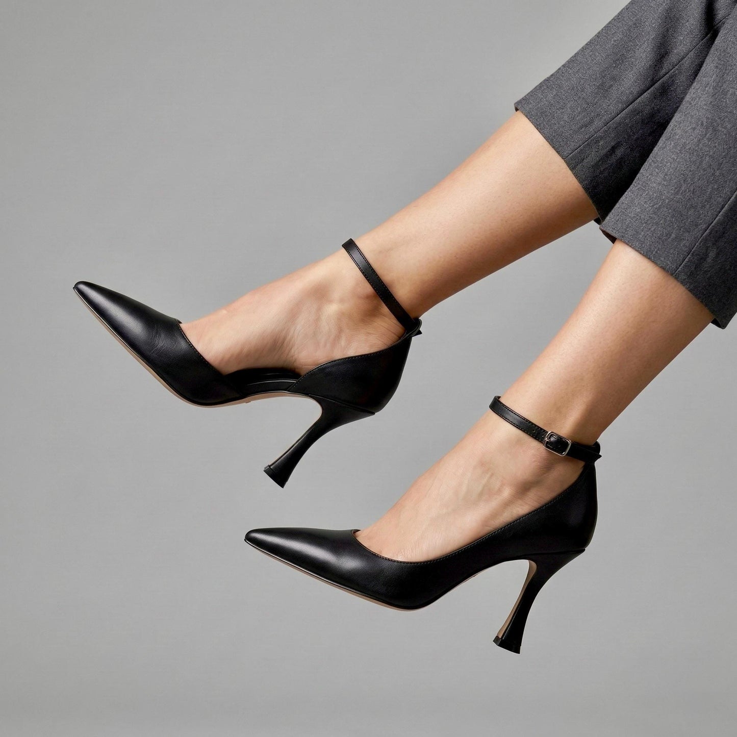 Black Matte Leather Stiletto Heels, Pointed Toe Ankle Strap Pumps Elegant Wedding Evening Shoes