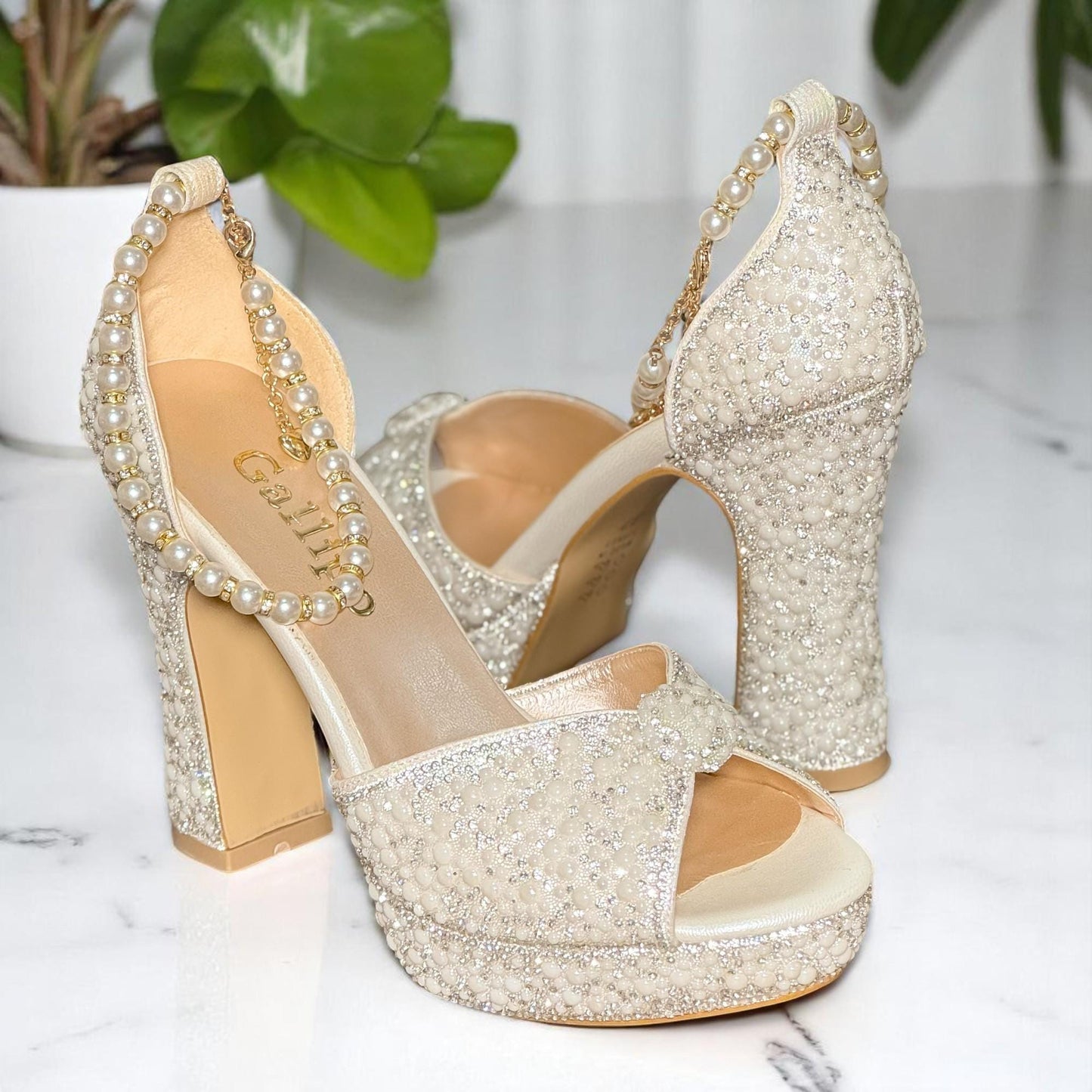 Pearl Rhinestone Wedding Shoes, Platform Bridal Heels with Crystal Sparkle, Ivory Block Heel