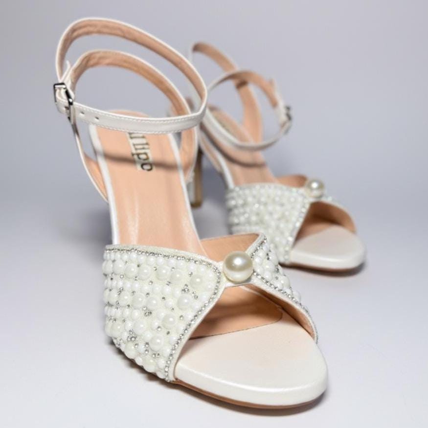 Pearl Embroidered Open Toe Bridal Heels, Elegant Wedding Pumps