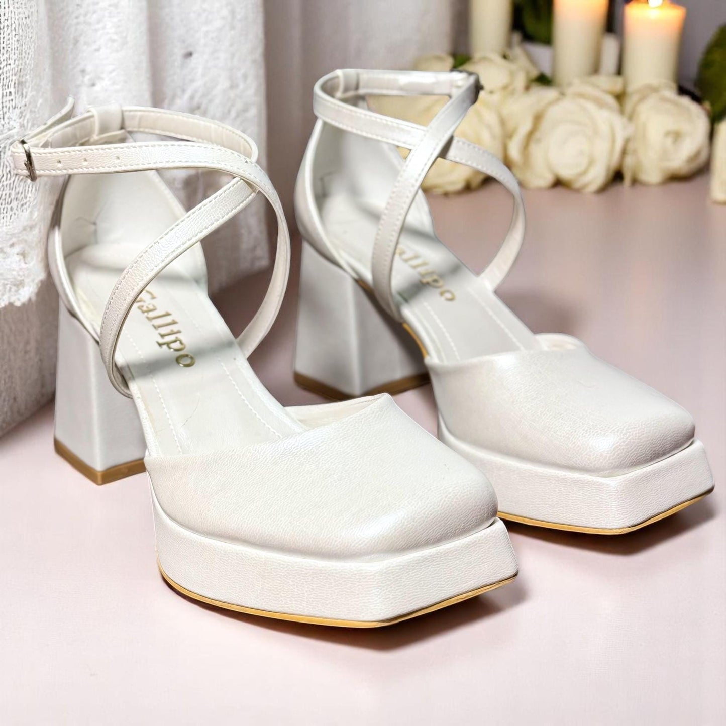 Vintage Platform Wedding Shoes, Pearl Comfy Closed Toe Bridal Shoes, Block Heels