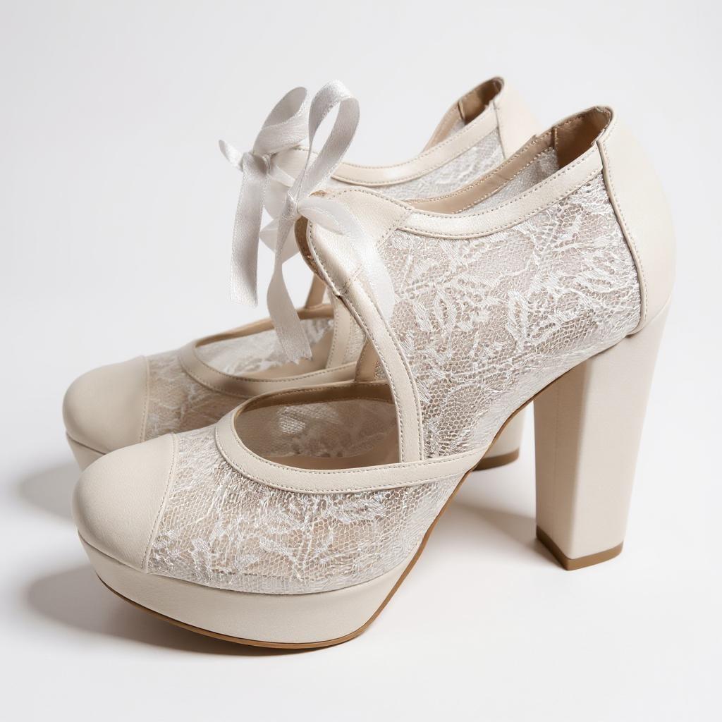 Floral Lace Platform Bridal Shoes, Closed Toe Block Heel Wedding Shoes, Comfy Bride Heels