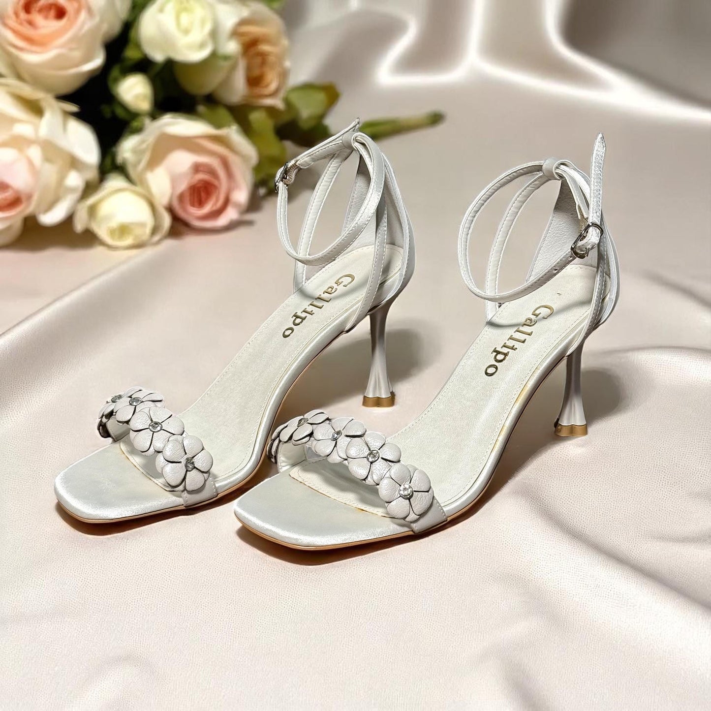 Ivory Satin Floral Bridal Heels, Elegant Wedding Shoes, Bridesmaid Sandals
