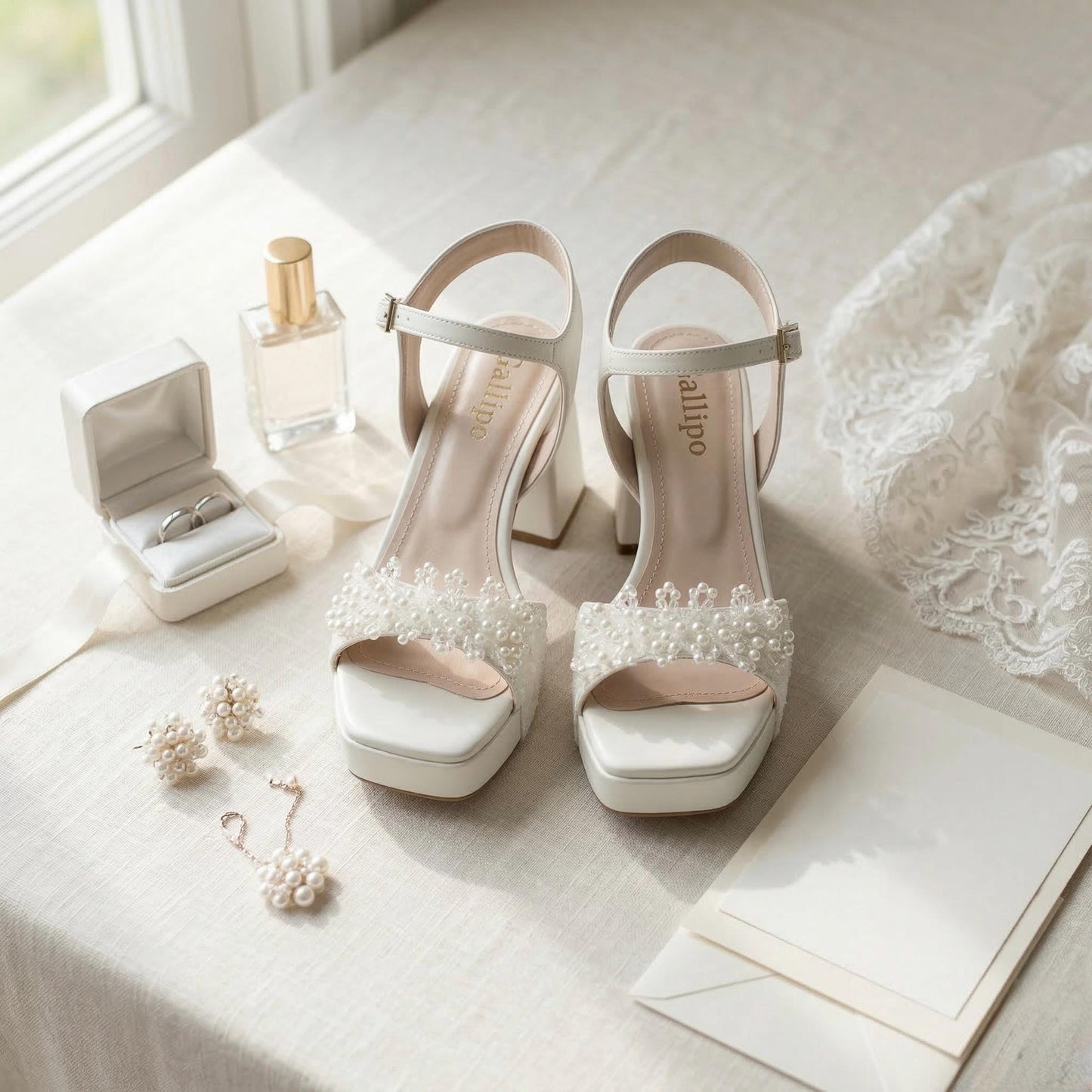 Pearl Embroidered Block Heels Bridal Shoes for Elegant Brides, Ivory Platform Wedding Shoes