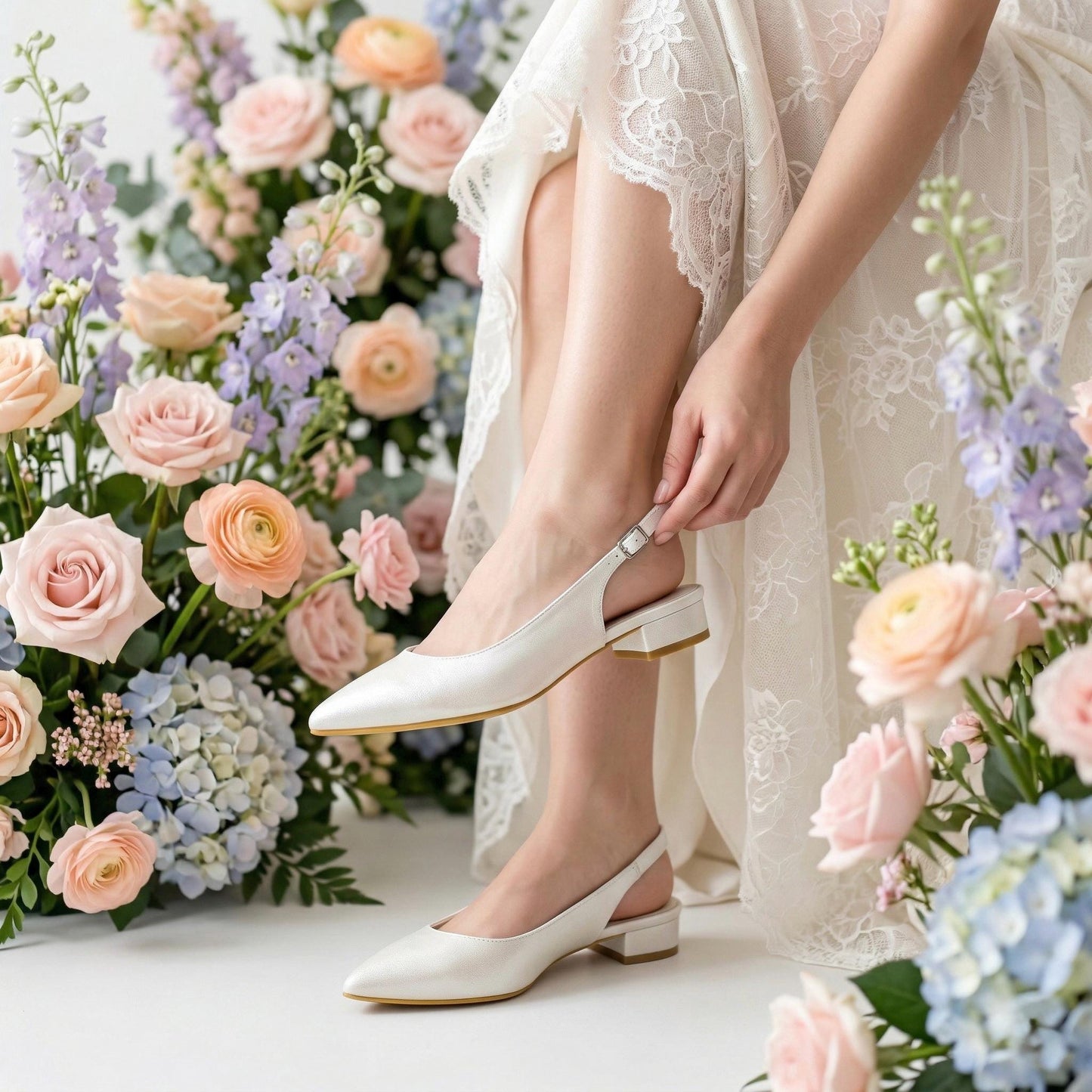 Ivory Low Heel Slingback Bridal Shoes, Pointed Toe Leather Wedding Kitten Heels