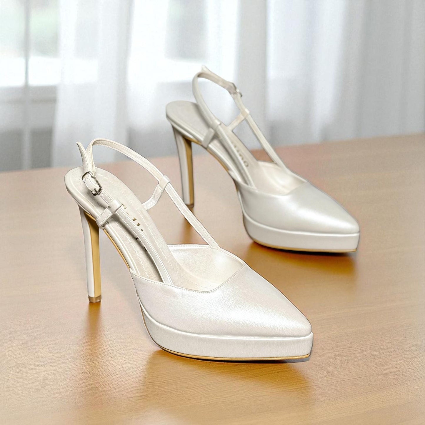 Genuine Leather Stiletto Bridal Shoes, Pearl Closed Toe Platform Wedding Shoes