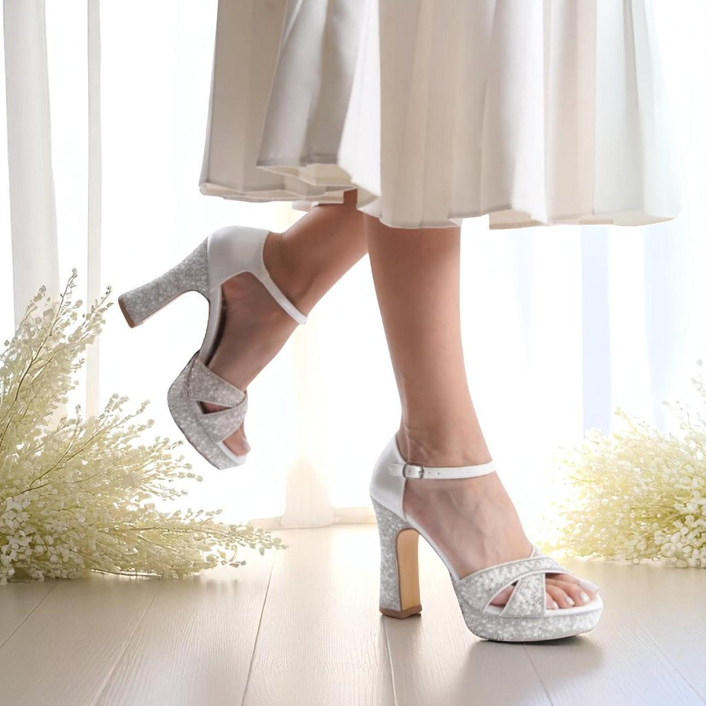 Ivory Platform Bridal Heels, Sparkly Wedding Shoes, Block Heel Ankle Strap