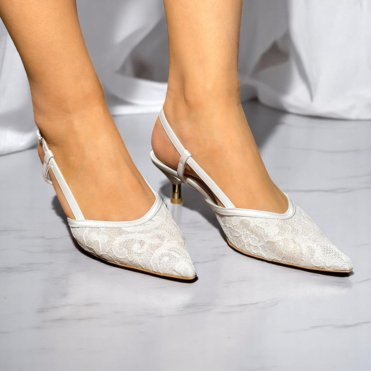 Pearl Lace Bridal Shoes, Embroidered Slingback Wedding Shoes, Short Glossy Kitten Heels