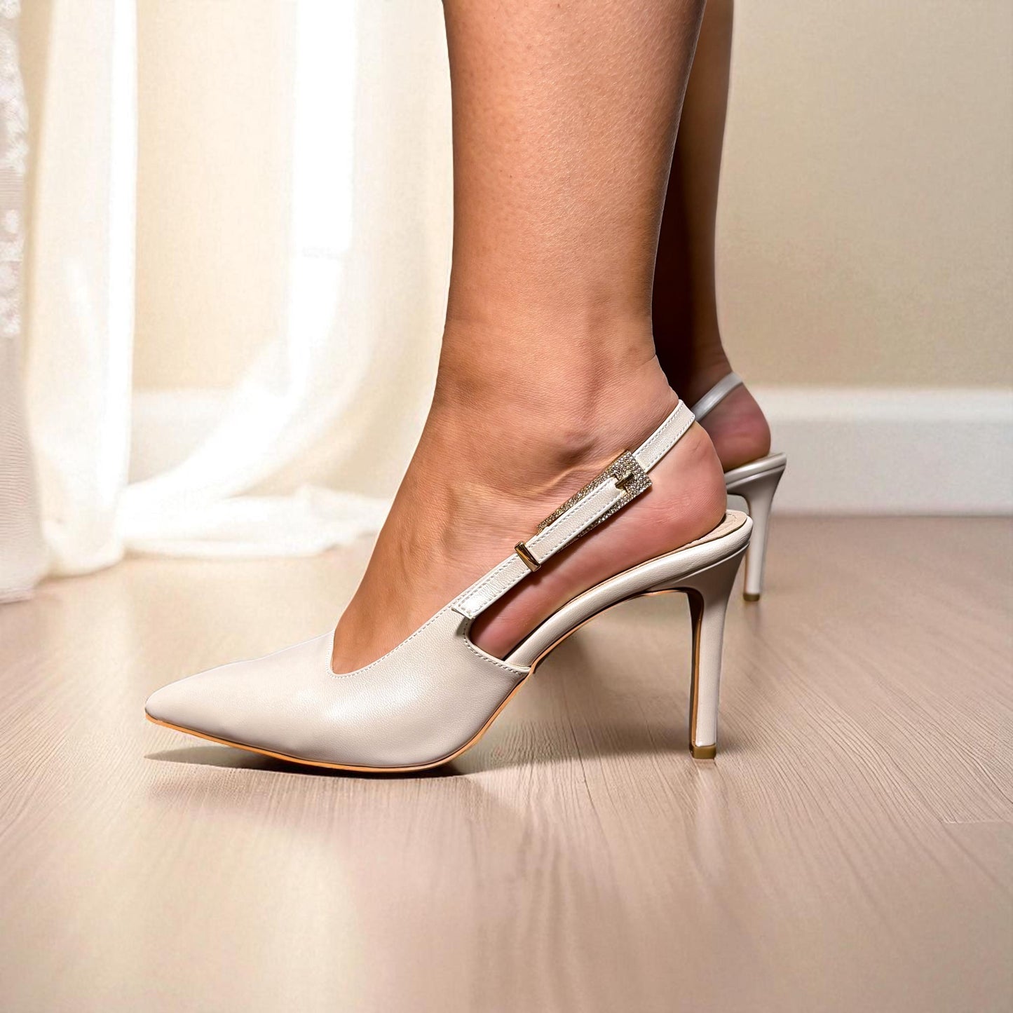 Ivory Leather Slingback Wedding Shoes with Crystal Buckle, Pearl Bridal Shoes, Kitten Heels