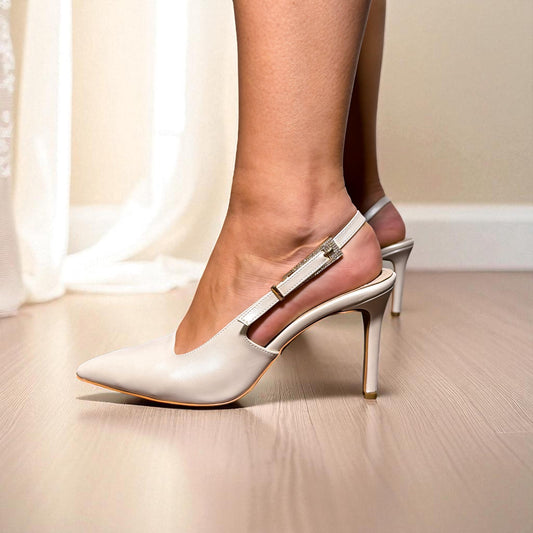 Ivory Leather Slingback Wedding Shoes with Crystal Buckle, Pearl Bridal Shoes, Kitten Heels