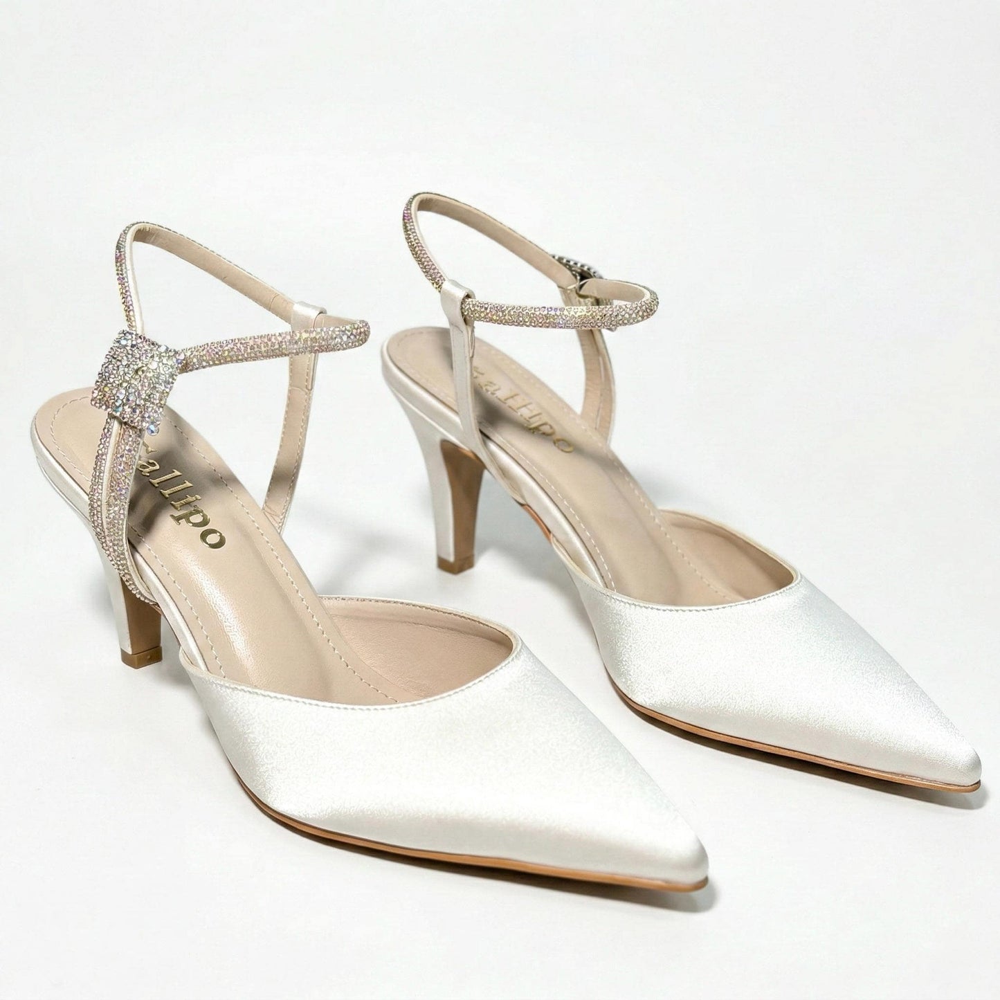 Ivory Satin Bridal Shoes with Crystal Ankle Strap, Slingback Wedding Shoes, Kitten Heels