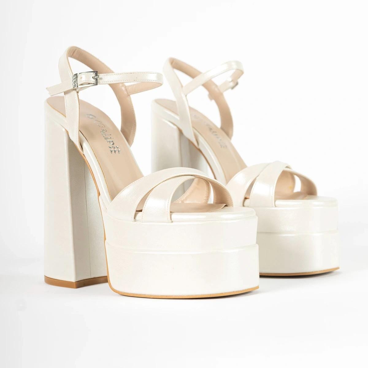 Pearl Platform High Heels Bridal Shoes, Minimal Ankle Strap Wedding Shoes