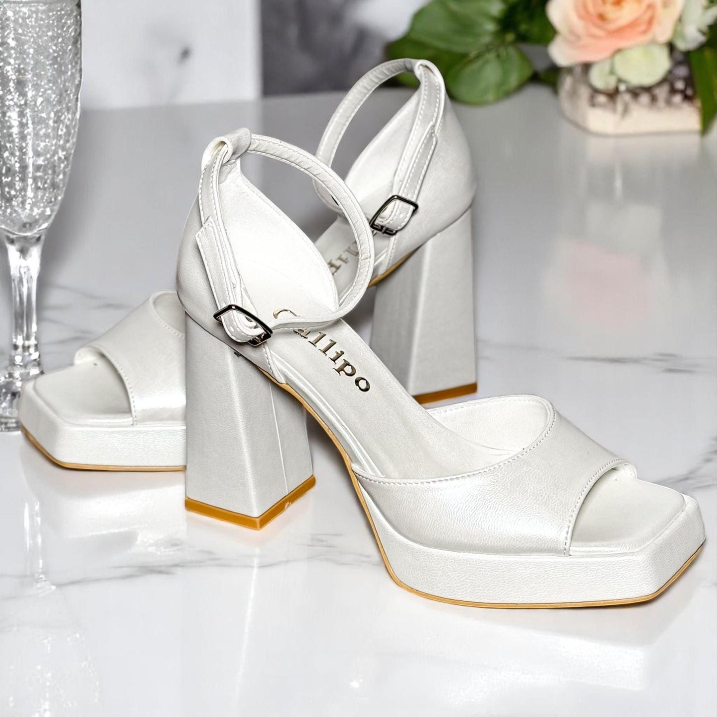 Retro Leather Platform Bridal Shoes, Pearl Open Toe Comfy Wedding Shoes