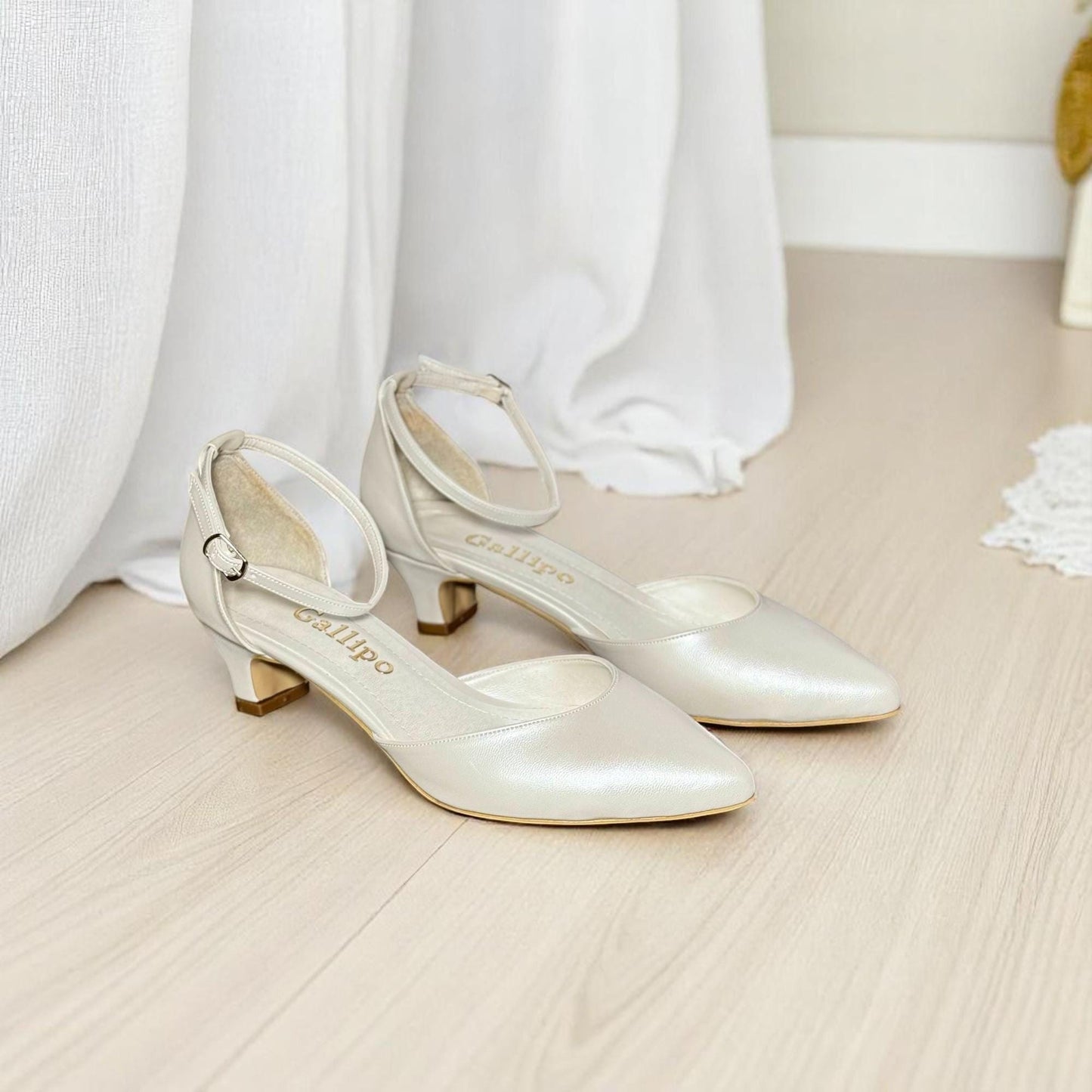 Pearl Low Heel Bridal Shoes, Leather Wedding Pumps with Ankle Strap, Flat Bridal