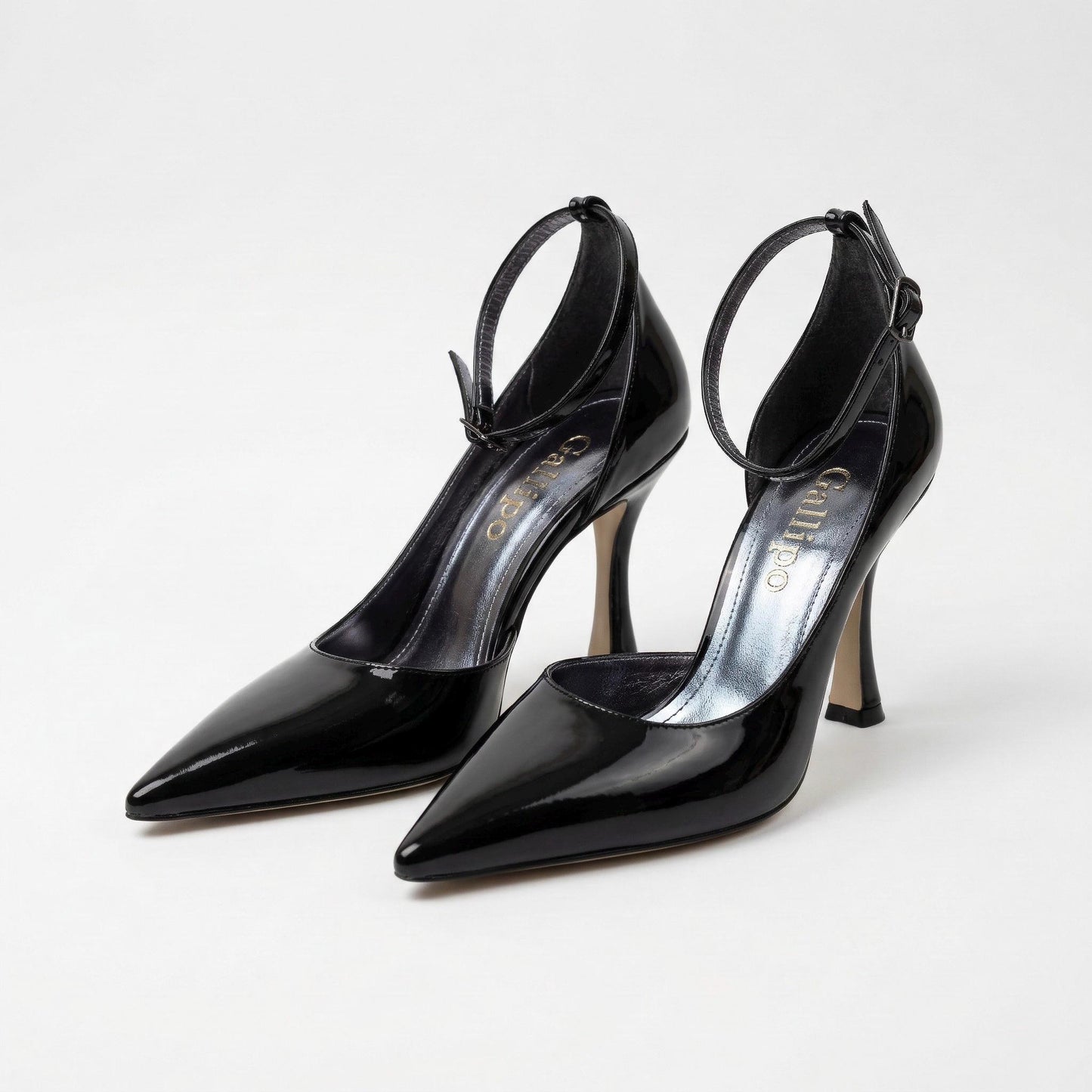 Black Patent Leather Stiletto Heels, Pointed Toe Ankle Strap Pumps Elegant Wedding Evening Shoes