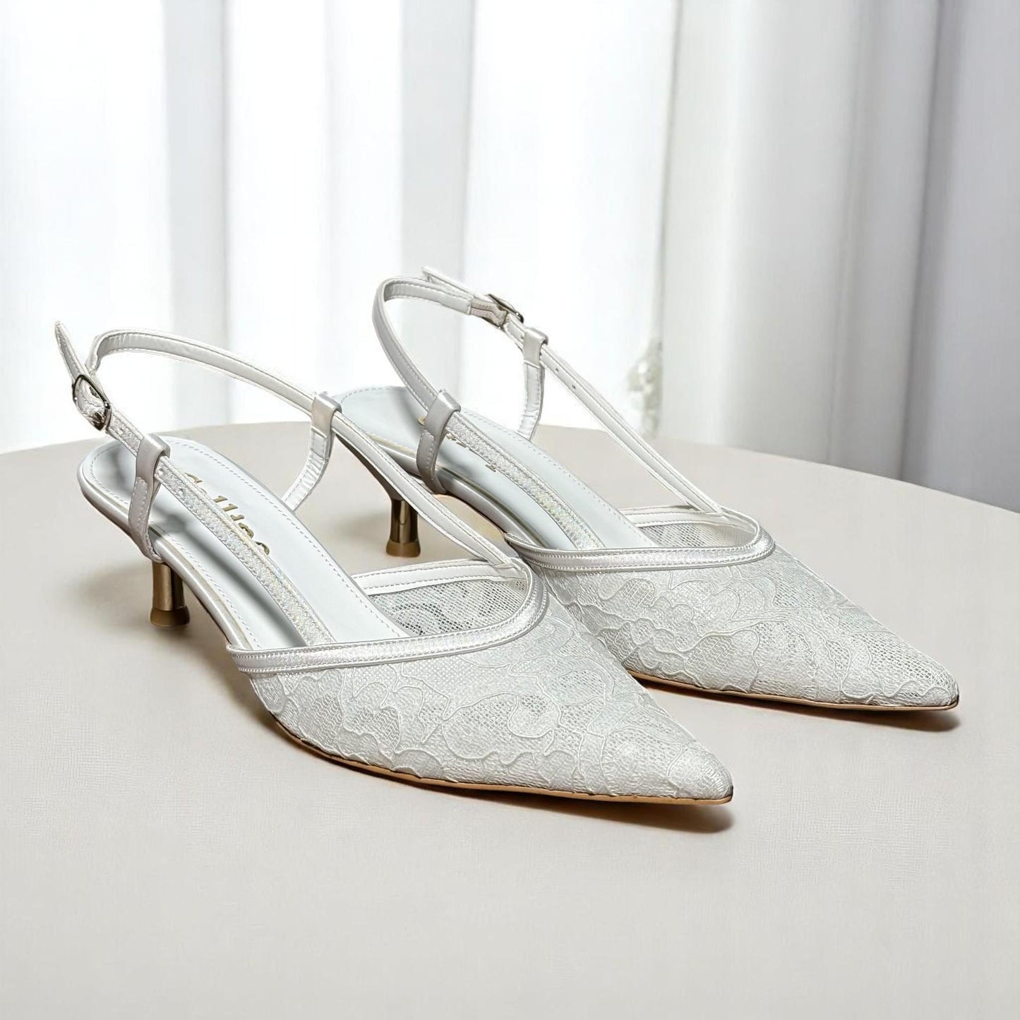Pearl Lace Bridal Shoes, Embroidered Slingback Wedding Shoes, Short Glossy Kitten Heels