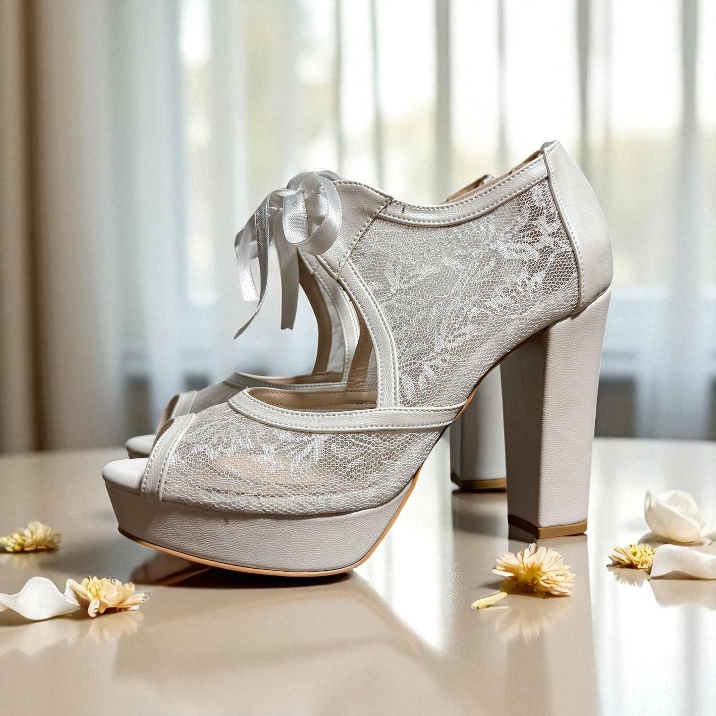 Pearl Lace Platform Bridal Shoes, Open Toe Wedding Shoes, Block High Heels