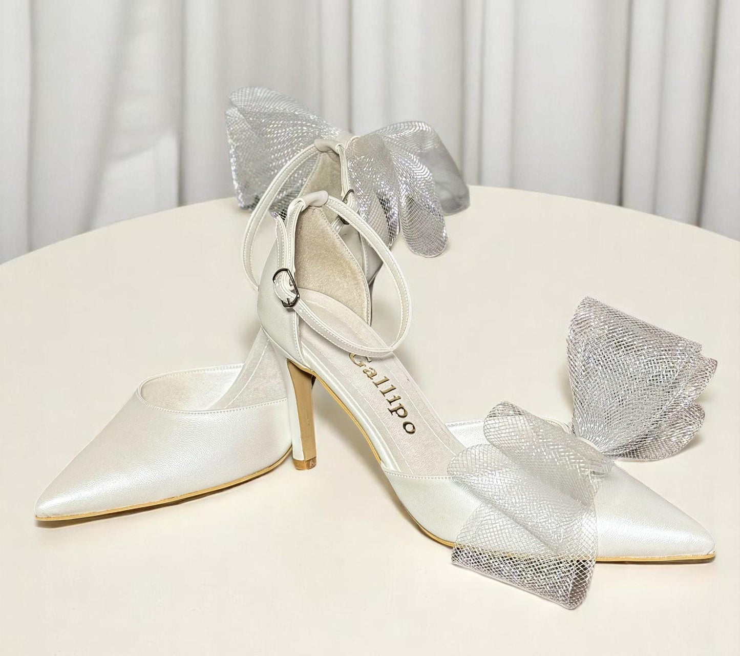 Pearl Stiletto Bridal Shoes, Leather Wedding Shoes with Tulle Bow, Kitten Heels