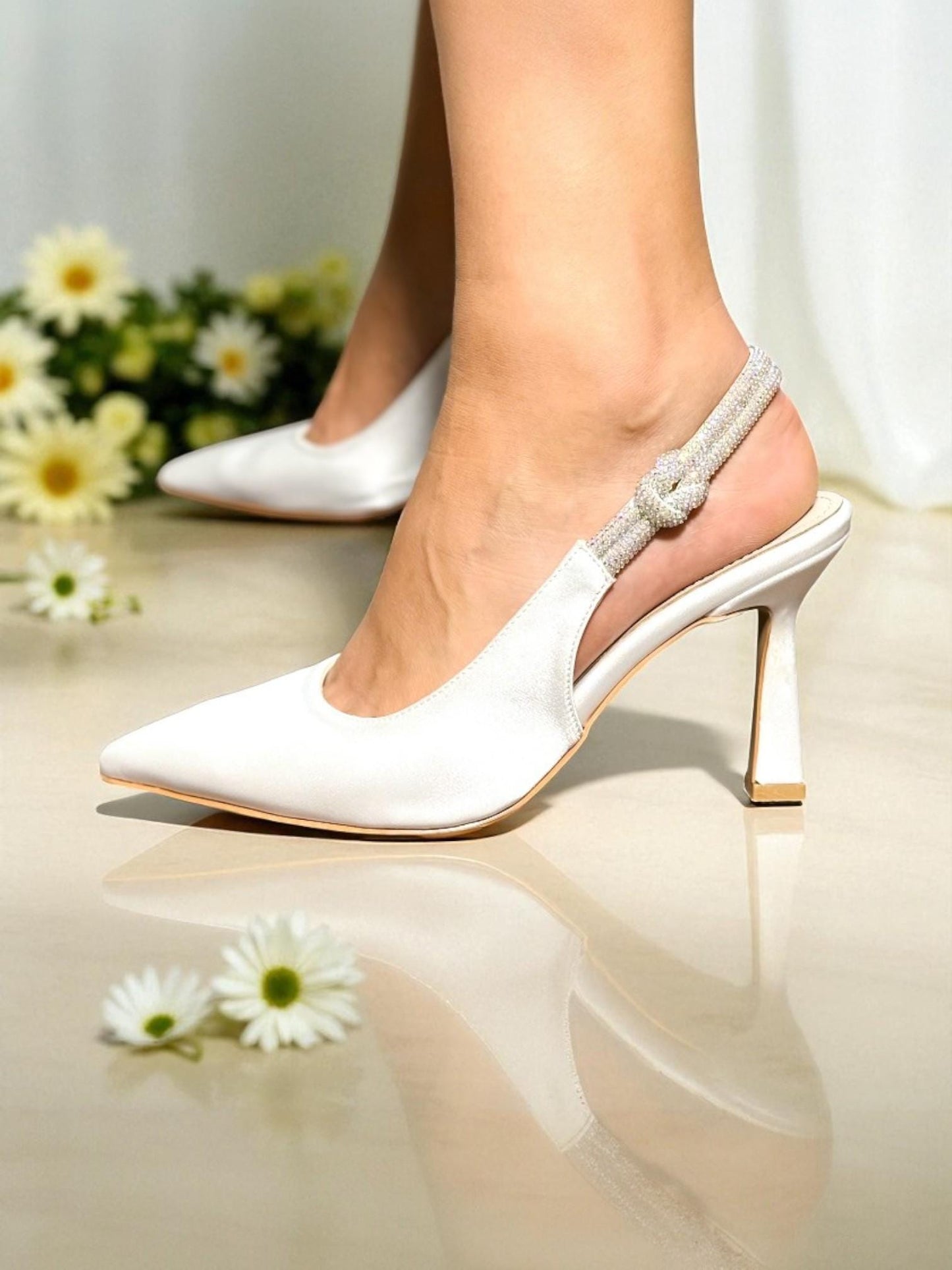 Ivory Satin Bridal Shoes, Slingback Wedding Shoes with Rhinestone Ankle Strap, Kitten Heels