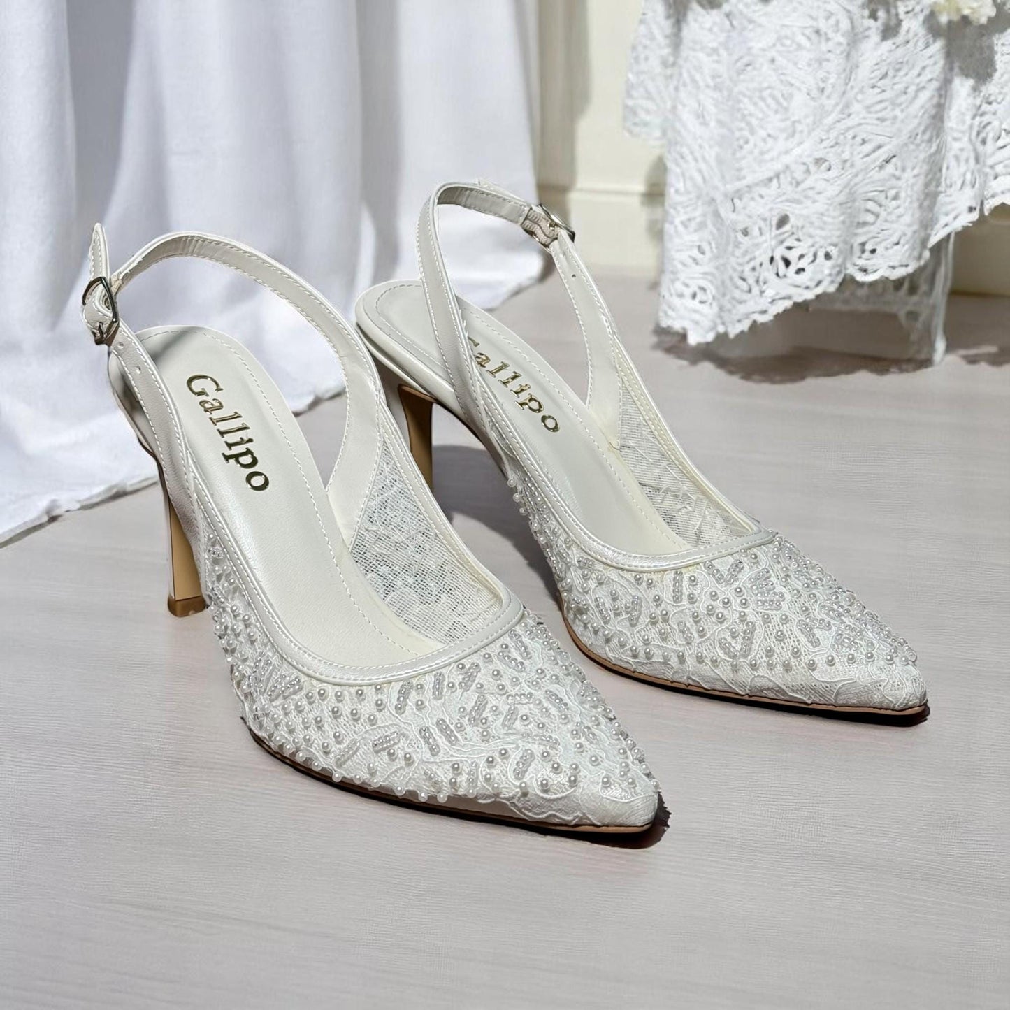 Beaded Lace Bridal Shoes, Ivory Slingback Wedding Shoes, Coach kitten heels