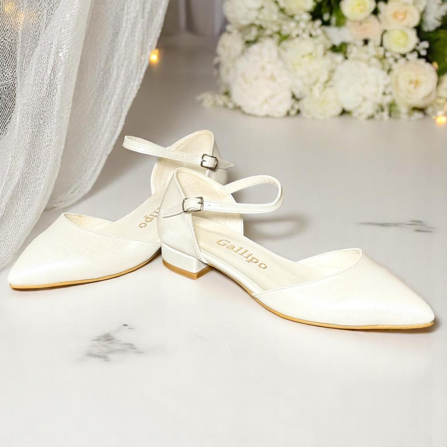 Pearl Low Heel Bridal Shoes, Leather Wedding Pumps with Ankle Strap, Flat Bridal