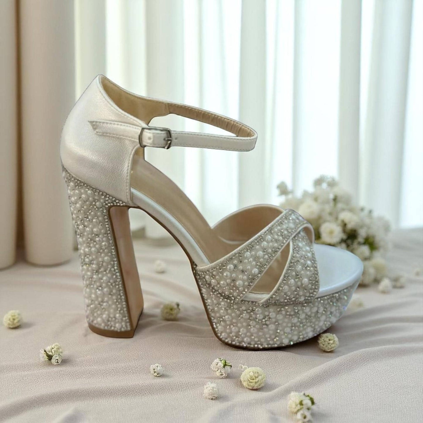 Ivory Platform Bridal Heels, Sparkly Wedding Shoes, Block Heel Ankle Strap