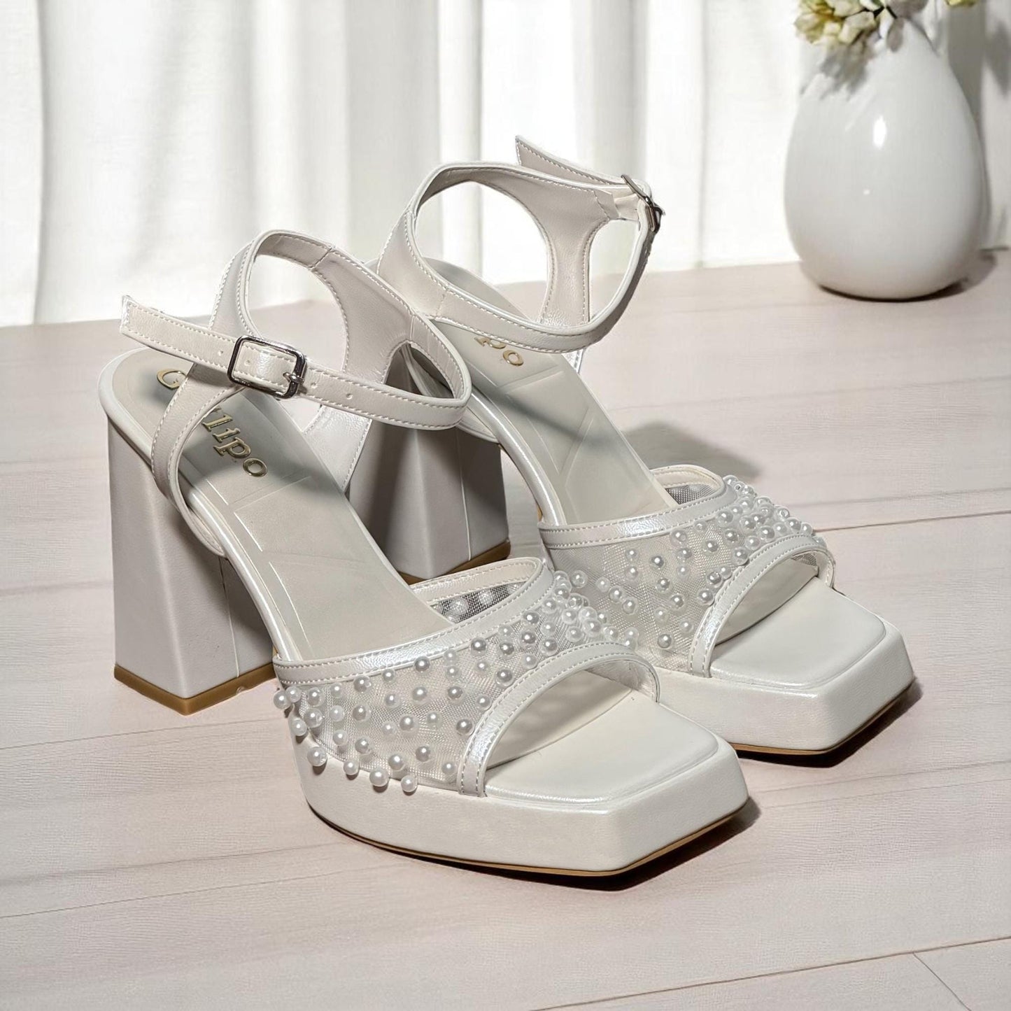 Pearl Embellished Mesh Bridal Shoes, Platform High Block Heel Wedding Shoes