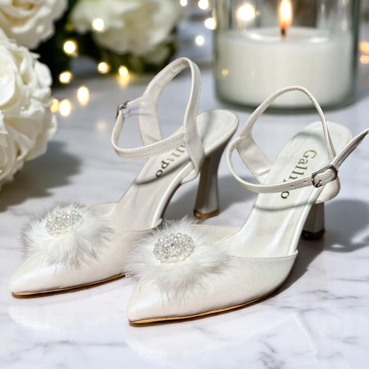 Pearl Feather Bridal Shoes, Crystal Slingback Wedding Shoes, Coach Kitten Heels