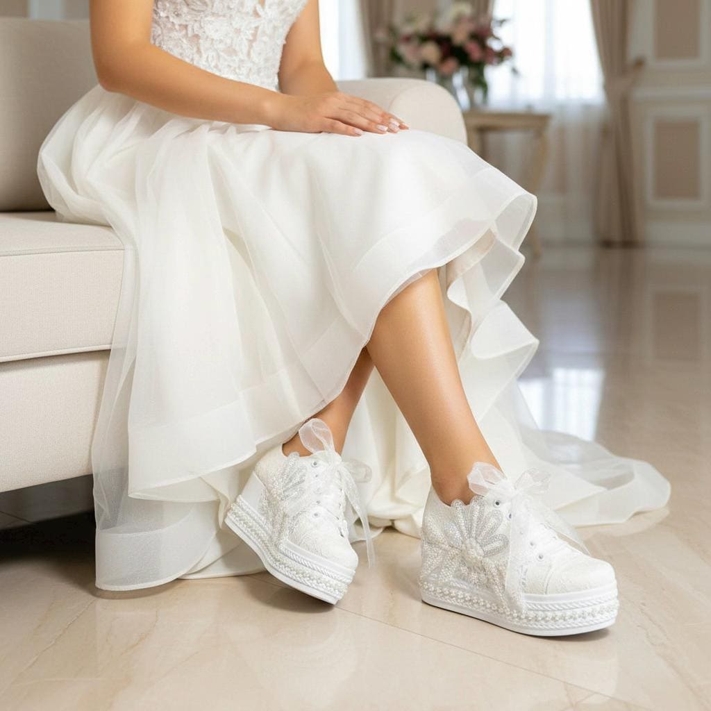 Pearl Bridal Sneakers, Ivory Lace Wedding Shoes, Platform Comfortable Bride Sneakers