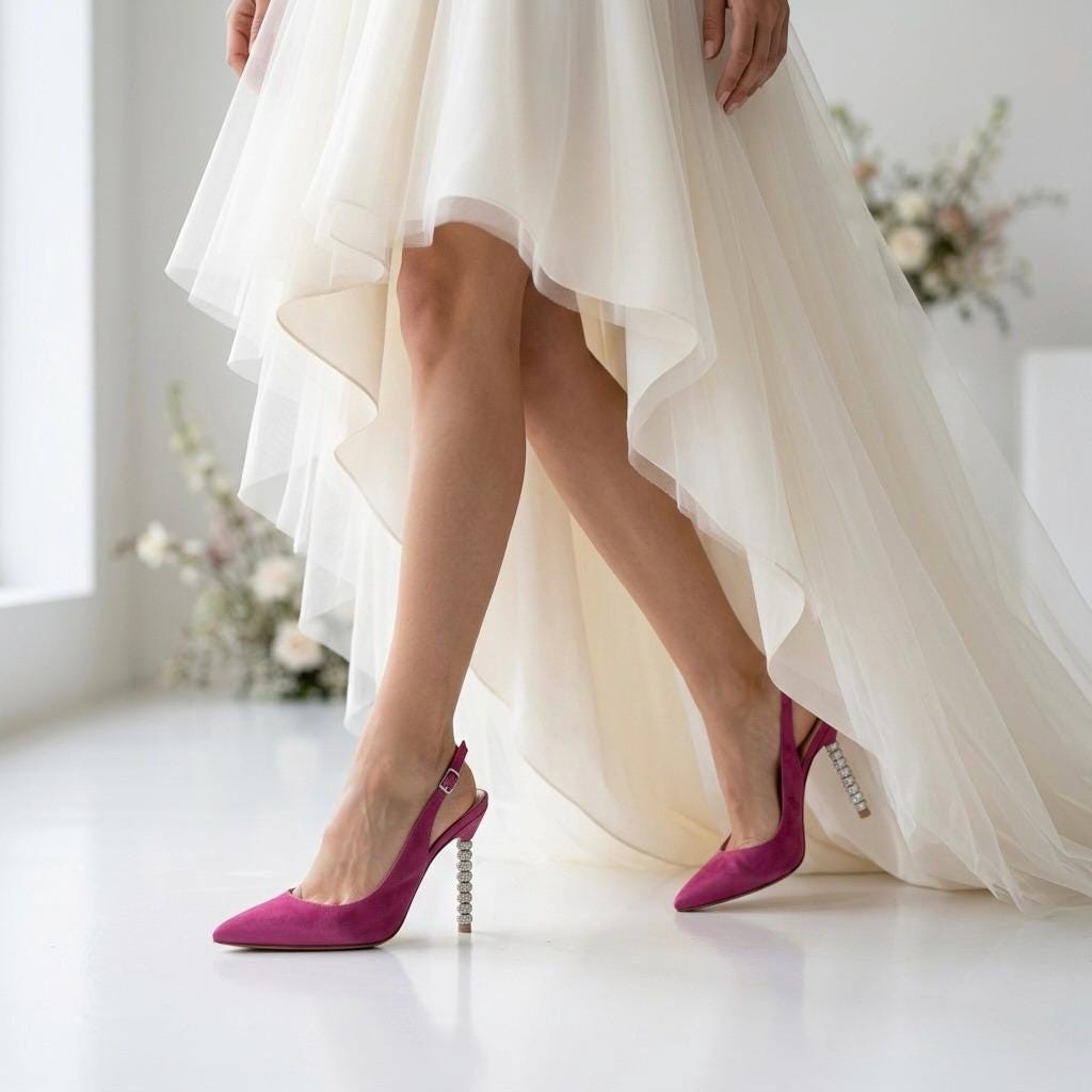 Fuchsia Satin Crystal Heel Stiletto Bridal Shoes, Pointed Toe Slingback Elegant Wedding Shoes