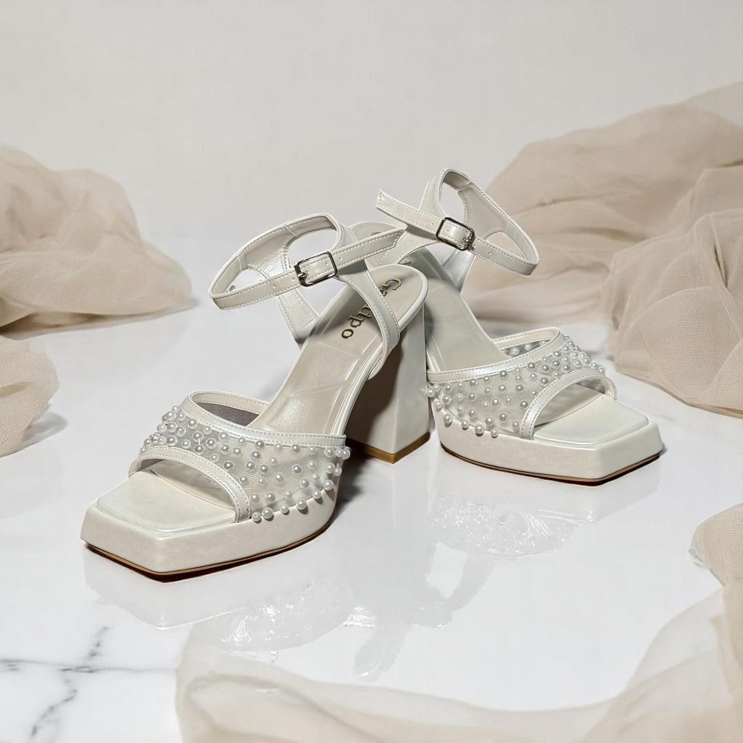 Pearl Embellished Mesh Bridal Shoes, Platform High Block Heel Wedding Shoes