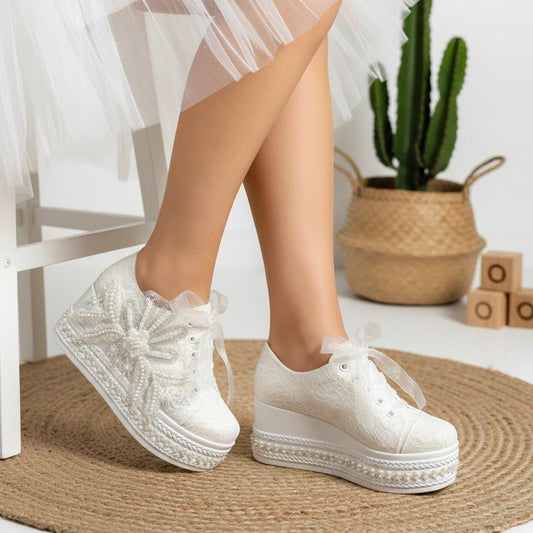 Pearl Bridal Sneakers, Ivory Lace Wedding Shoes, Platform Comfortable Bride Sneakers