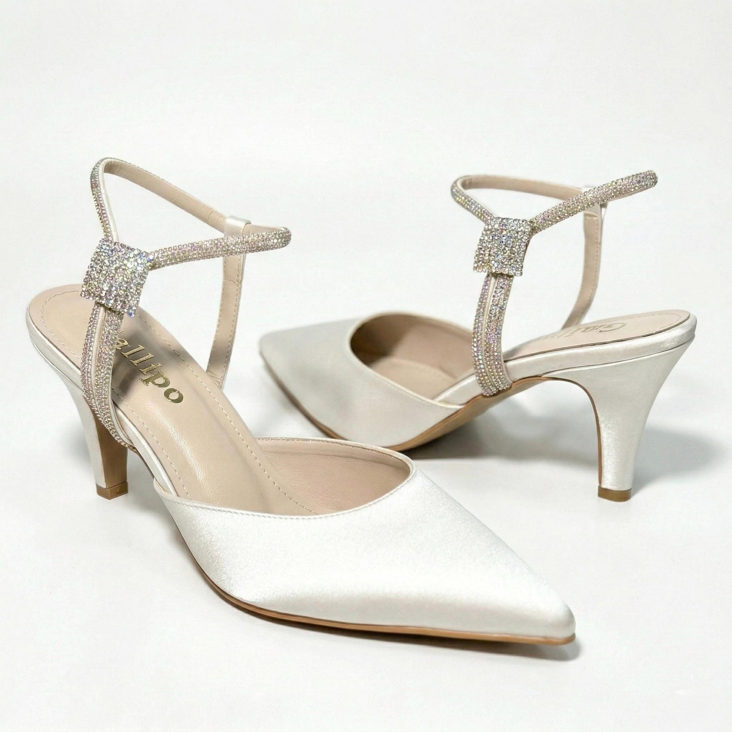 Ivory Satin Bridal Shoes with Crystal Ankle Strap, Slingback Wedding Shoes, Kitten Heels