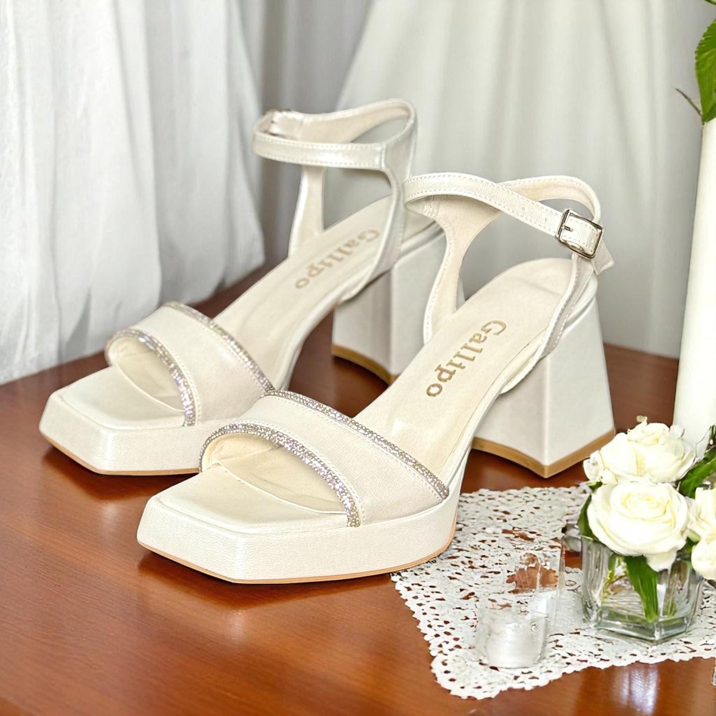 Pearl Low Block Heel Bridal Shoes, Stone Embellished Wedding Shoes