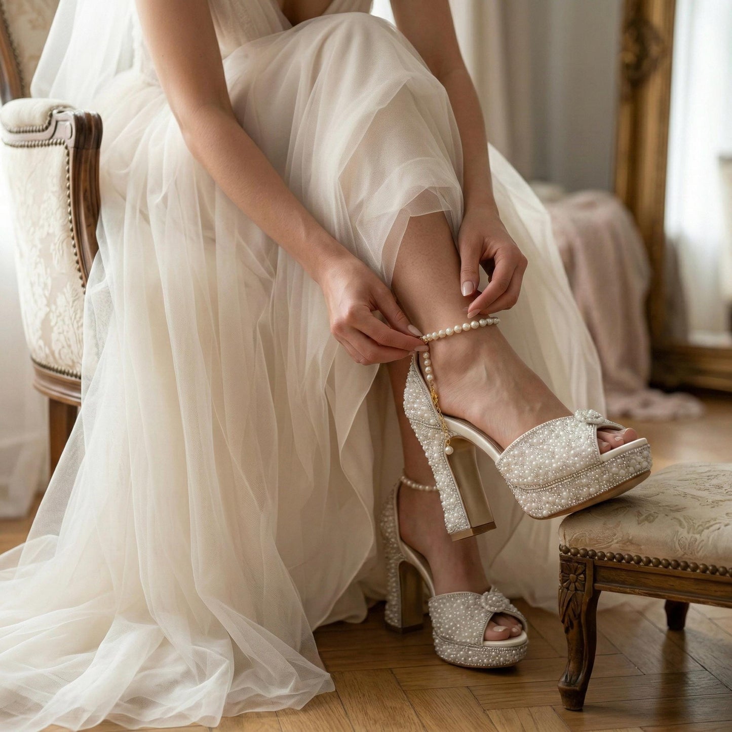 Pearl Embroidered Wedding Heels, Sparkly Ivory Bridal Shoes, Platform Heel