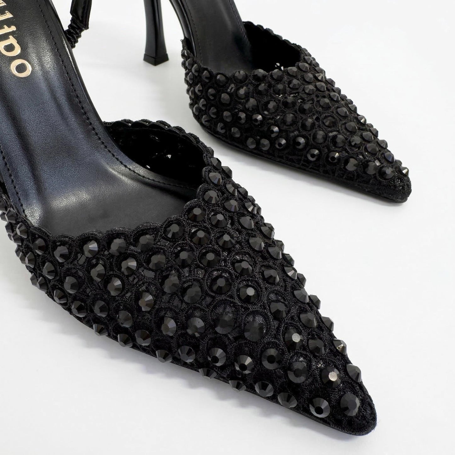Black Crystal Embellished Heels, Mesh Slingback Pumps, Pointed Toe Evening Party Shoes