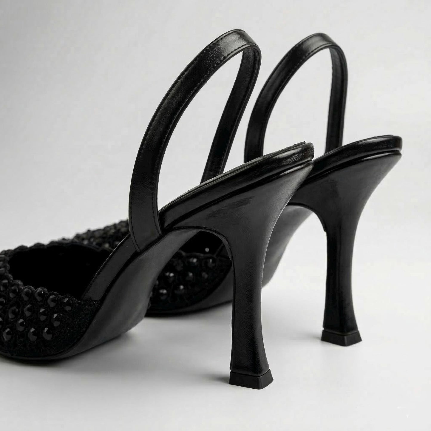 Black Crystal Embellished Heels, Mesh Slingback Pumps, Pointed Toe Evening Party Shoes