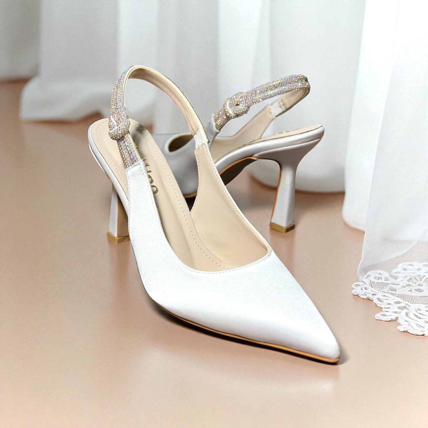 Ivory Satin Bridal Shoes, Slingback Wedding Shoes with Rhinestone Ankle Strap, Kitten Heels