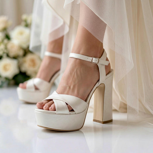 Ivory Platform Bridal Shoes, High Heel Wedding Shoes, Open Toe Ankle Strap Bride Sandals