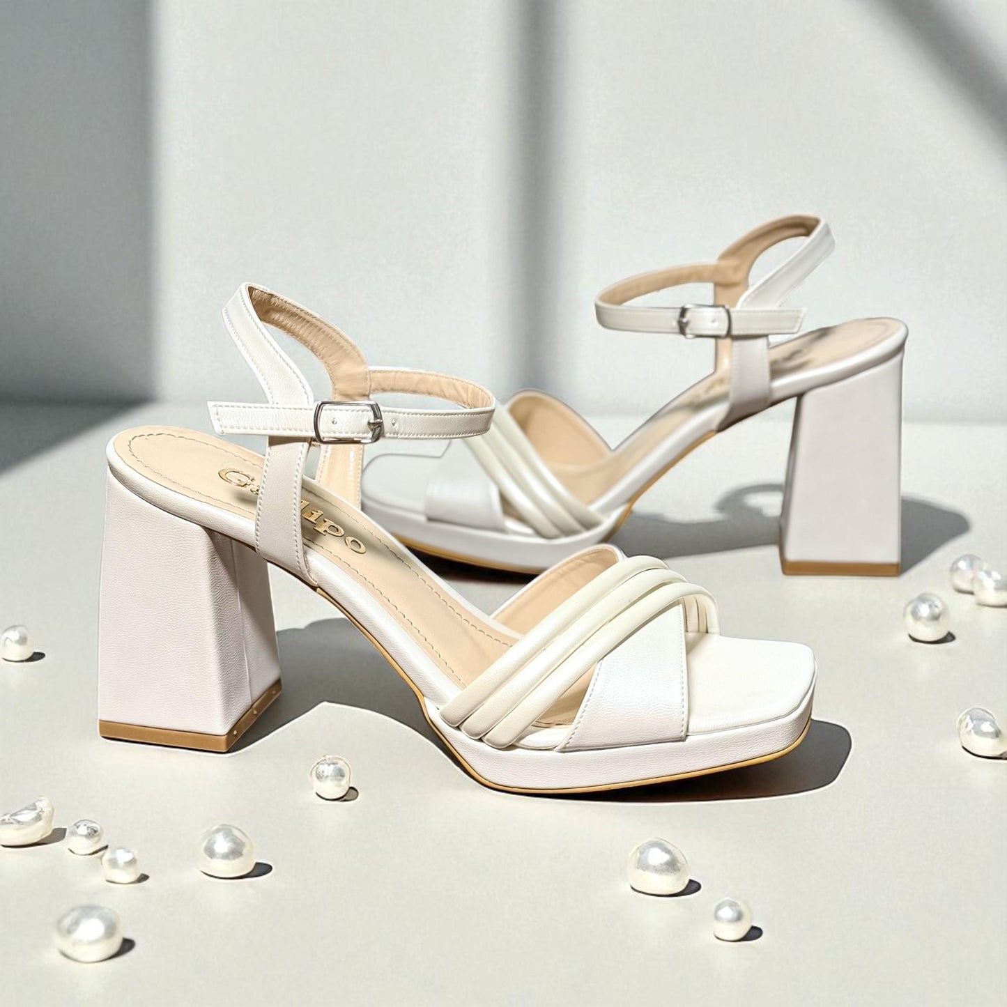 Pearl Platform Wedding Shoes, Open Toe Block Heel Comfy Bridal Shoes