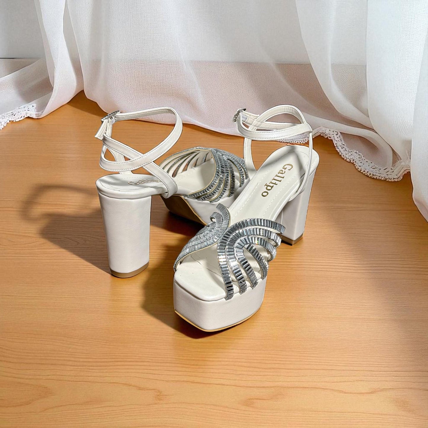 Pearl Platform Bridal Shoes, Mirror Strap Wedding Shoes, Rhinestone Block Heel