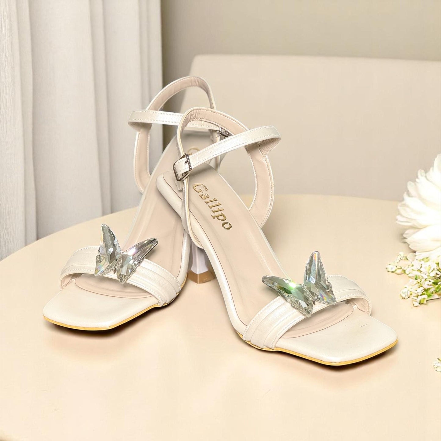 Crystal Butterfly Bridal Heels, Ivory Leather Wedding Shoes, Bridesmaid Sandals