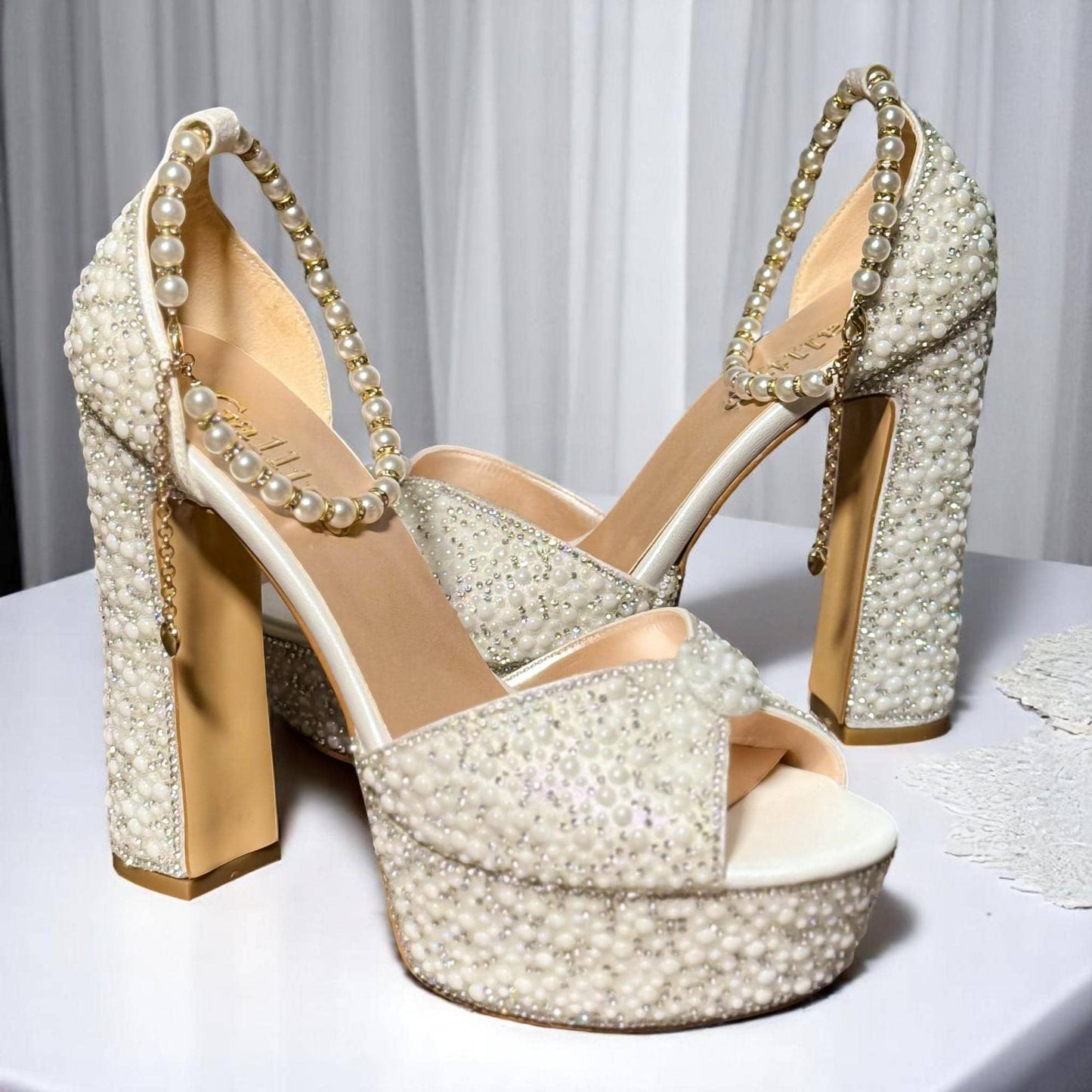 Pearl Rhinestone Wedding Shoes, Platform Bridal Heels with Crystal Sparkle, Ivory Block Heel