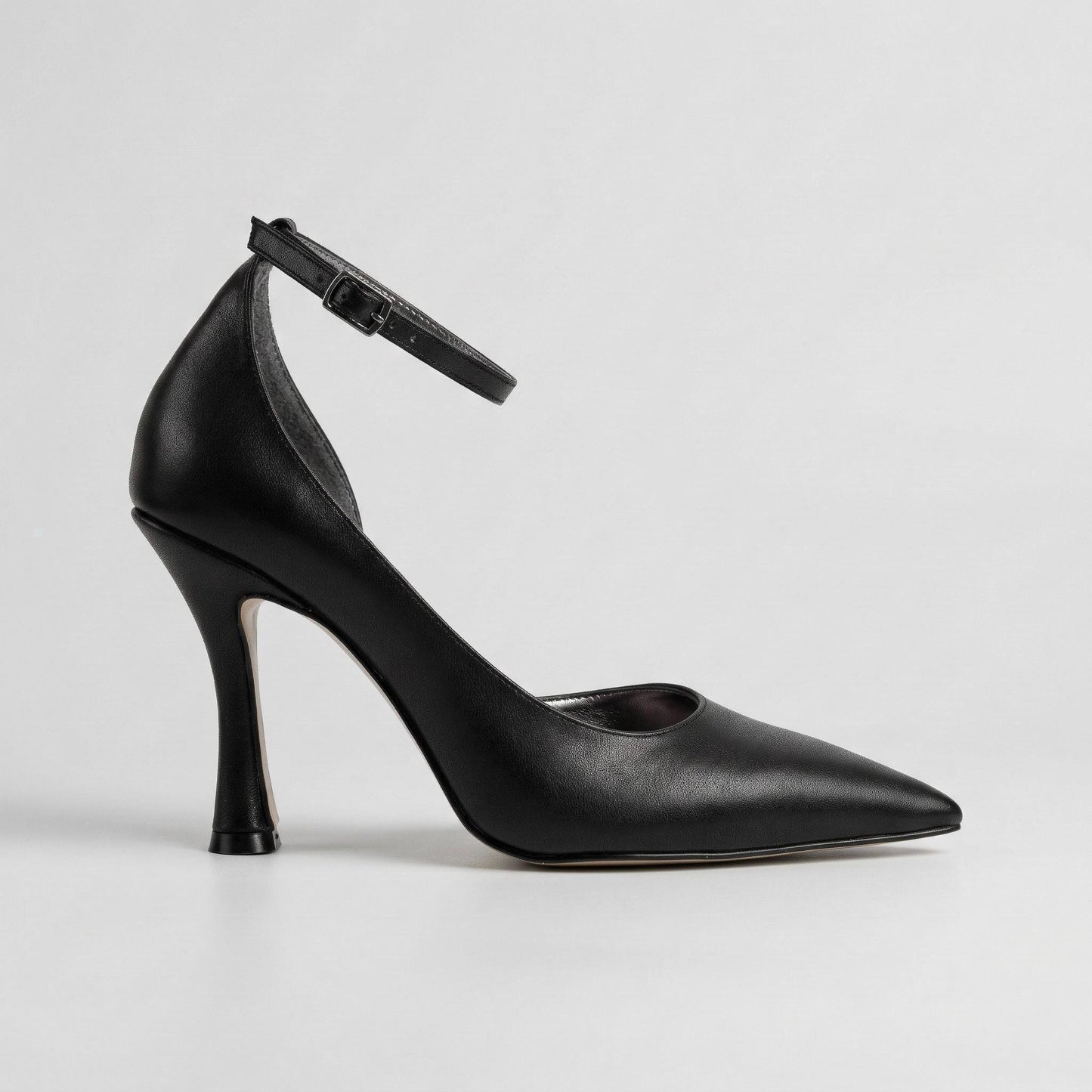 Black Matte Leather Stiletto Heels, Pointed Toe Ankle Strap Pumps Elegant Wedding Evening Shoes