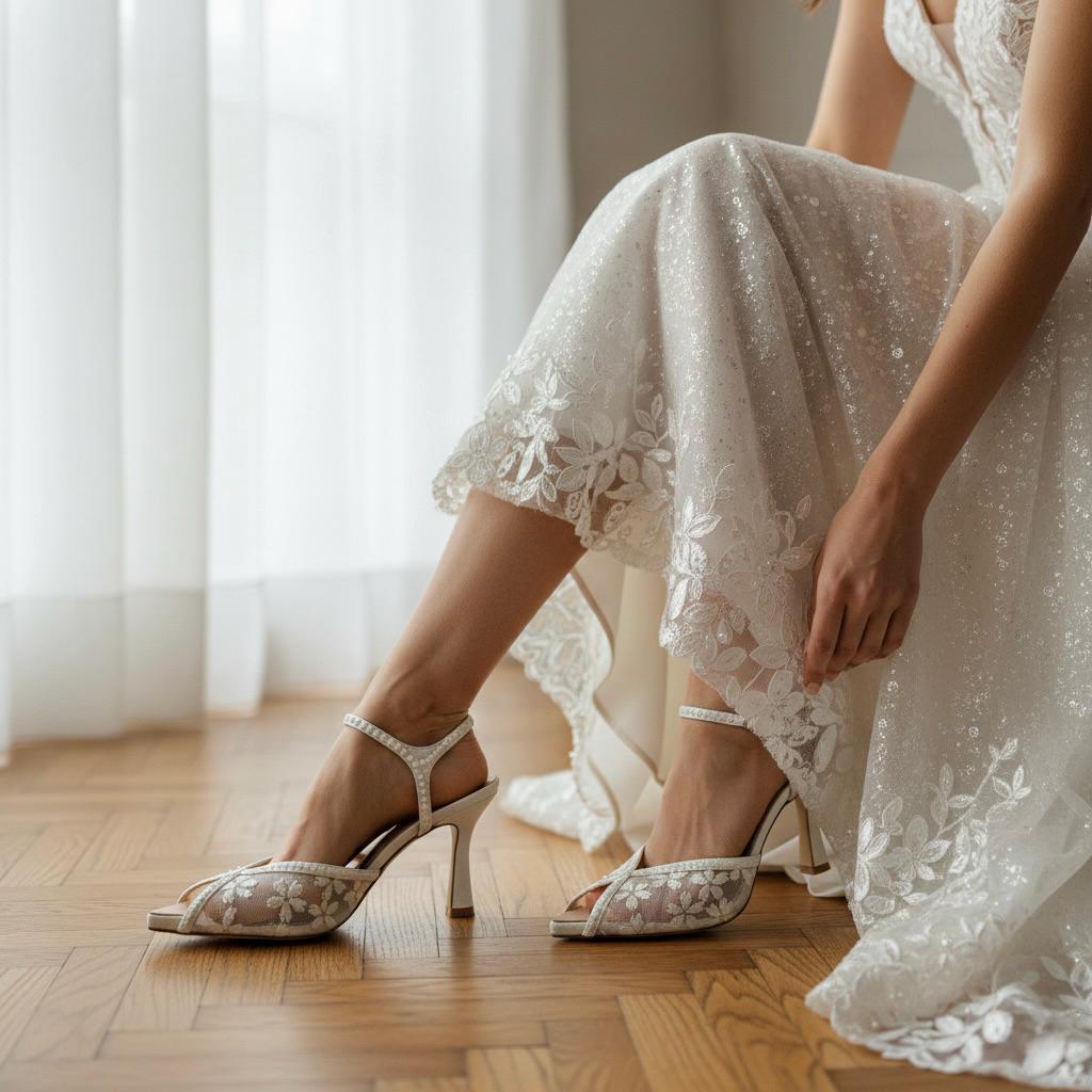 Ivory Mesh Floral Bridal Shoes, Pearl Embroidered Wedding Shoes, Lace Slingback Heels