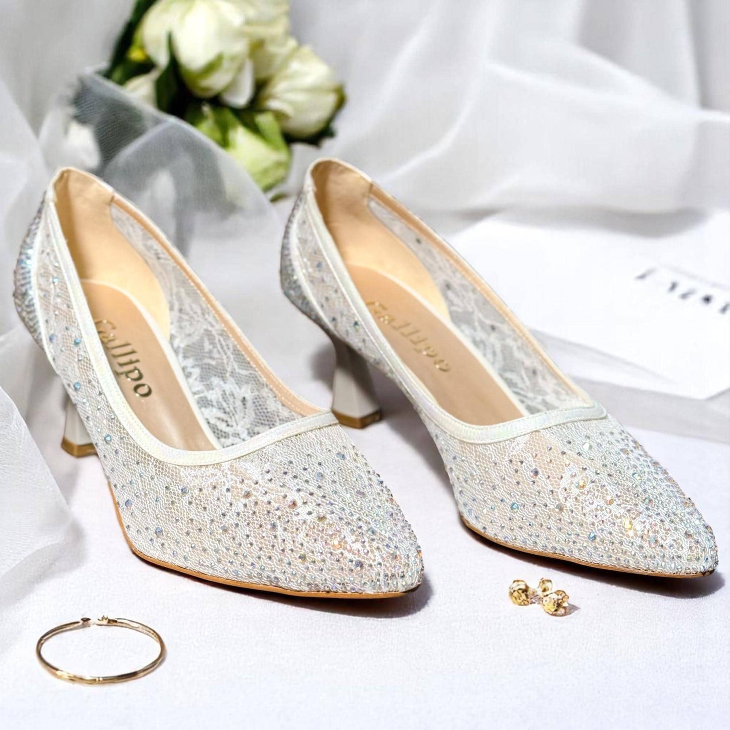 Pearl Lace Bridal Shoes, Sheer Mesh Rhinestone Wedding Shoes, Pointed Toe Low Heel