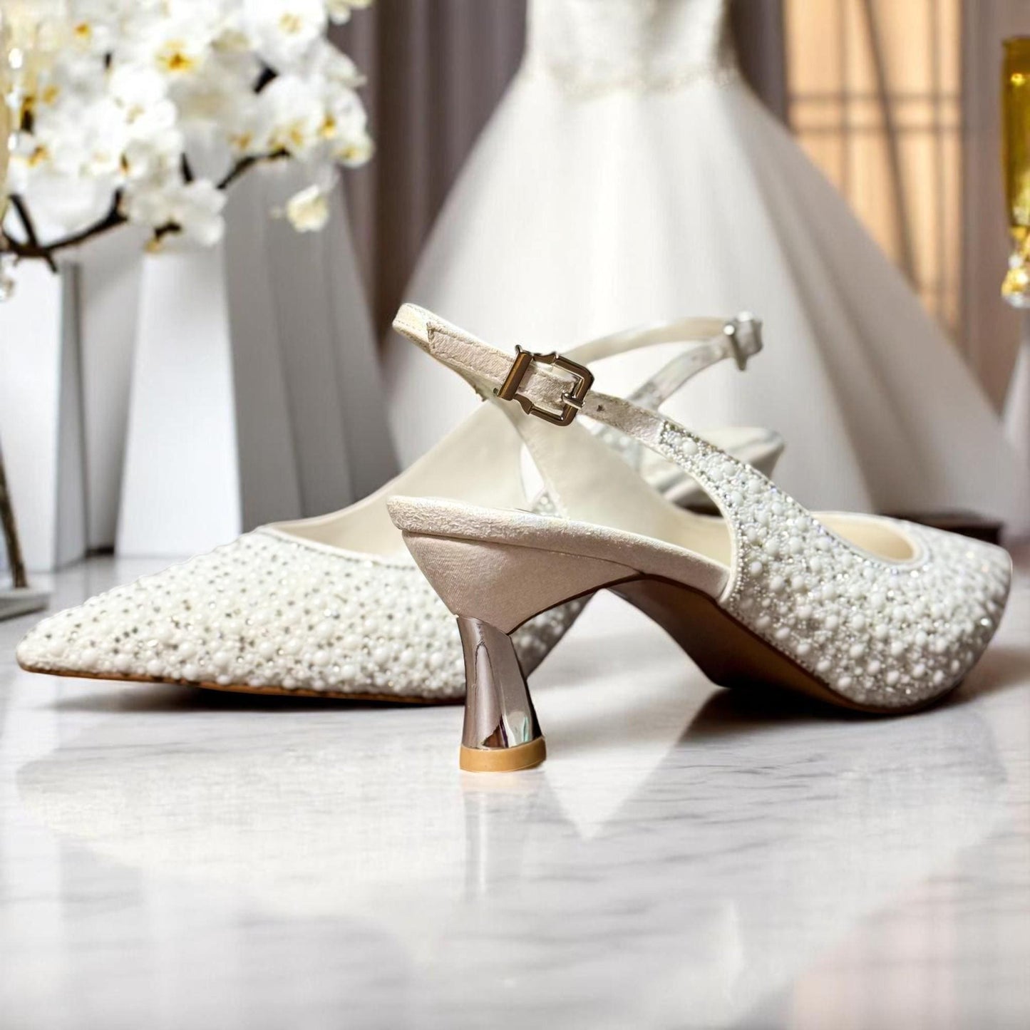 Pearl Embellished Bridal Shoes, Low Heel Slingback Wedding Shoes, Pointed Toe Kitten Pumps